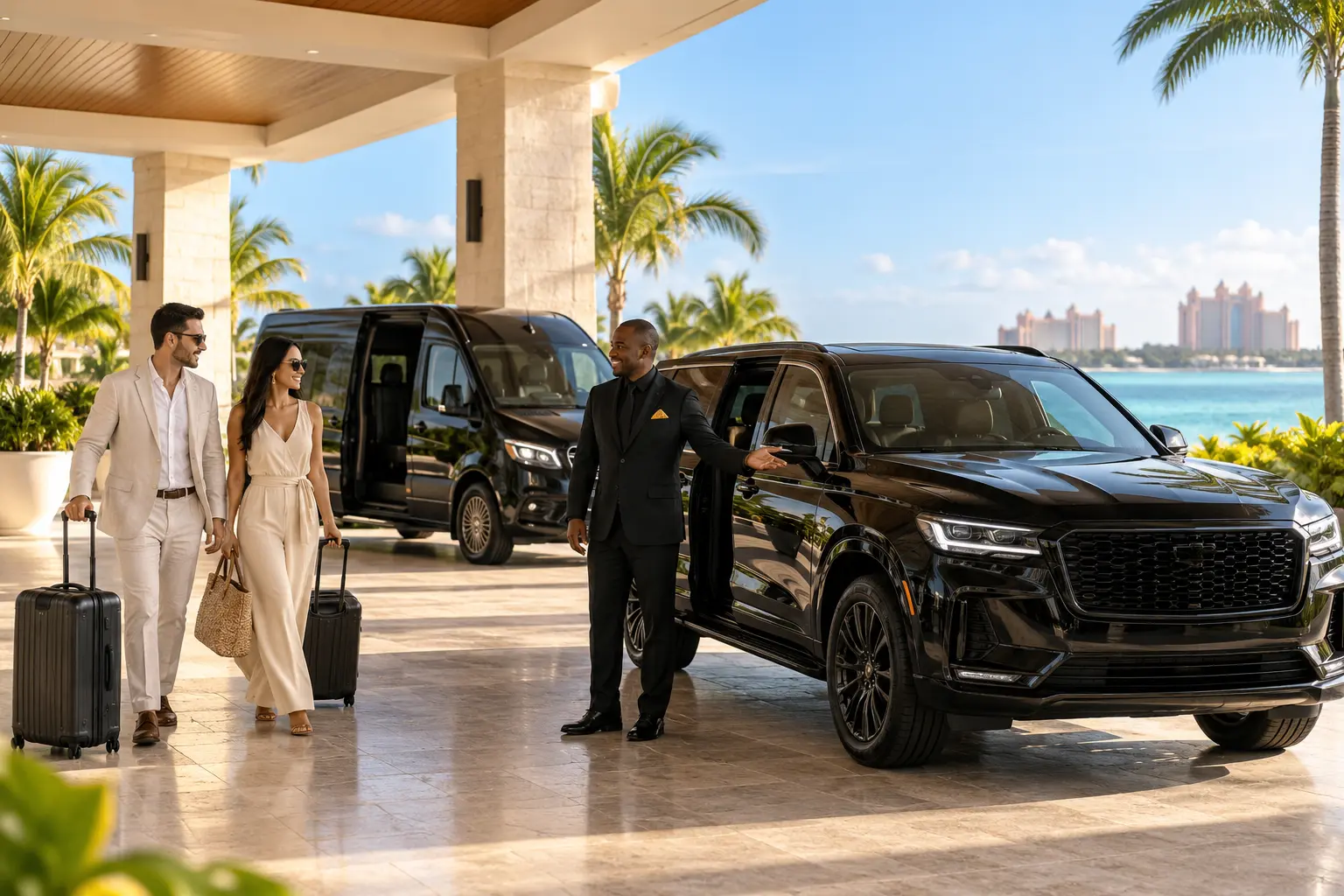 Representative private Nassau arrival transfer with fictional chauffeur and travelers